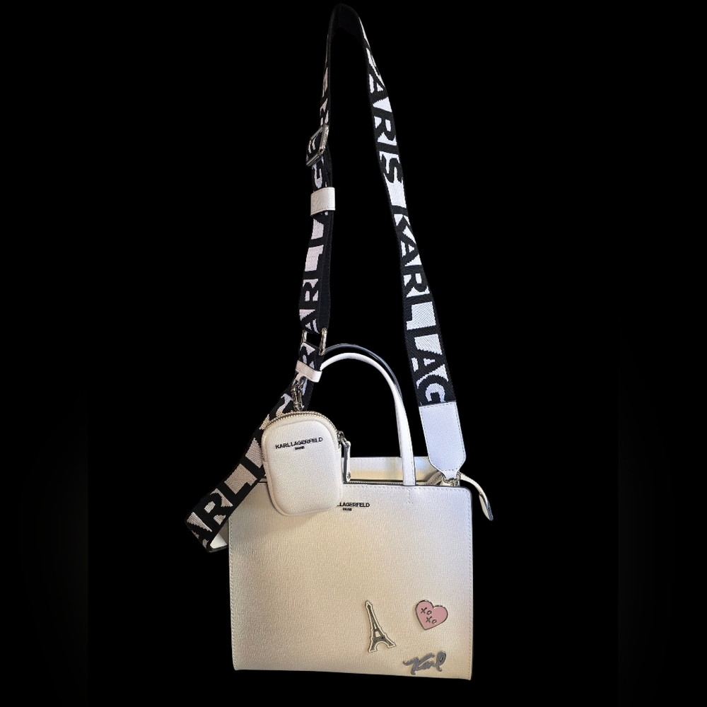 Karl Lagerfeld White Crossbody Bag with Logo Guitar Strap